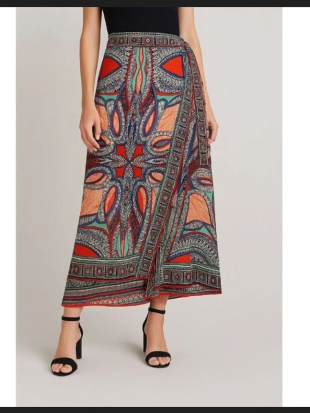 New Anthropologie 100% Silk Geometic Jewel Tone Wrap Midi Skirt. Slit. Size 10 - Picture 7 of 13